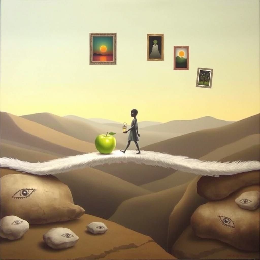 Surreal Valley Painting with Floating Stones and Feather Bri...