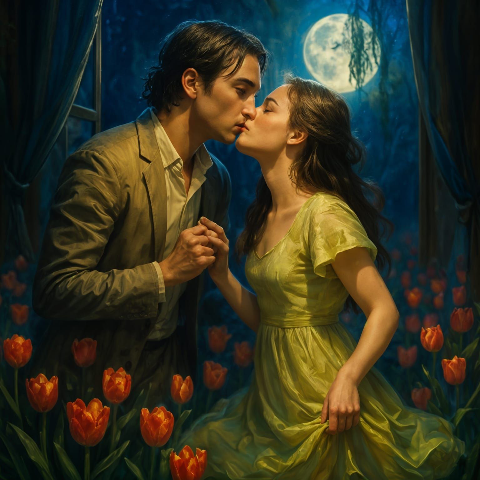 Hyperrealistic Tulips in Moonlight Garden