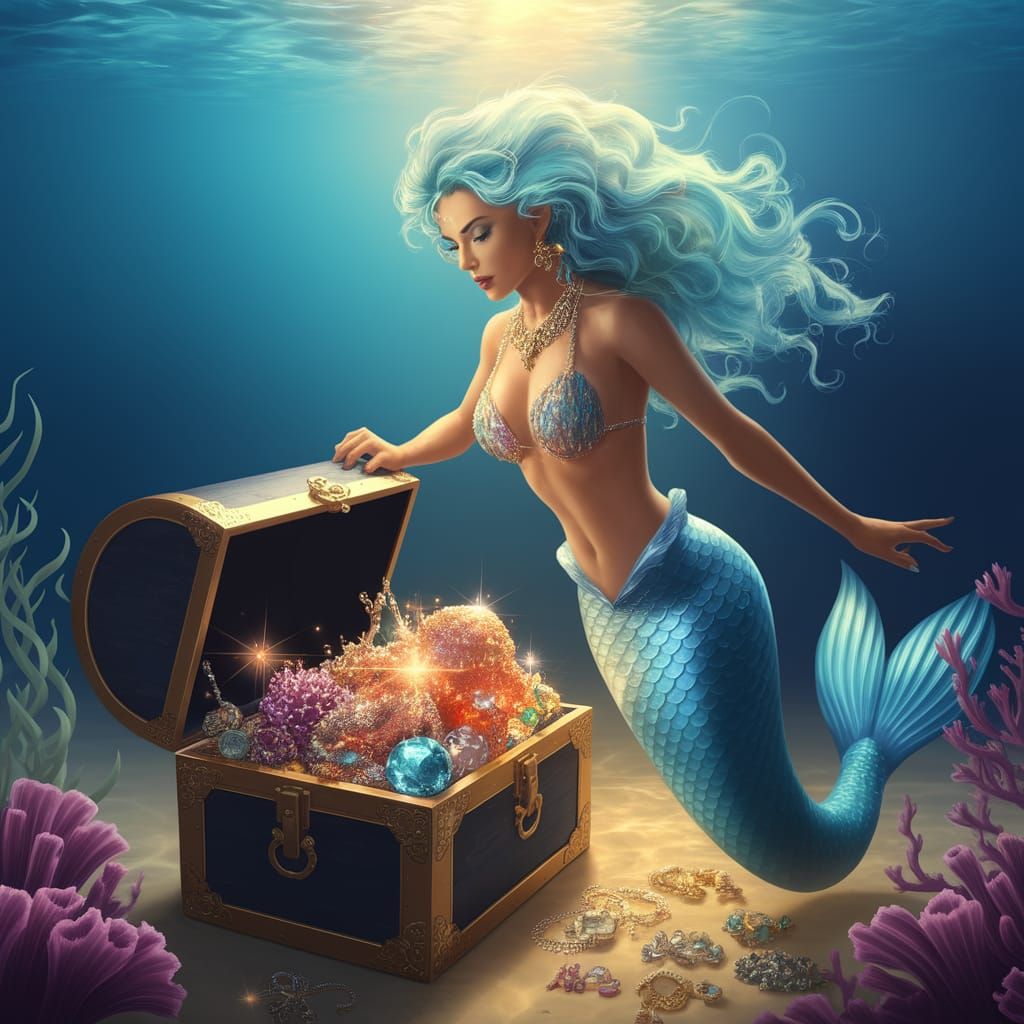 Mermaid Unveils Sunlit Treasure in Crystal Ocean