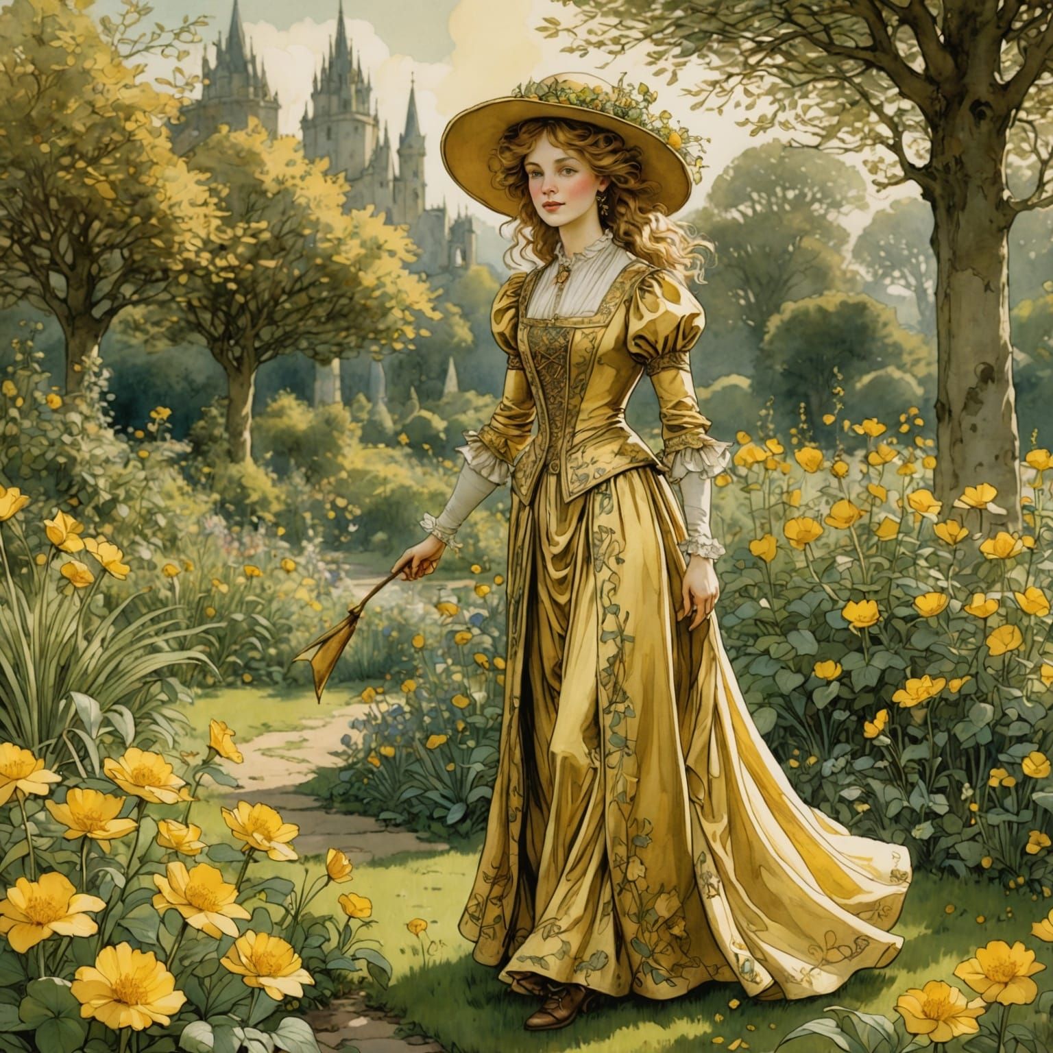 Golden Girl in Garden, Storybook Illustration