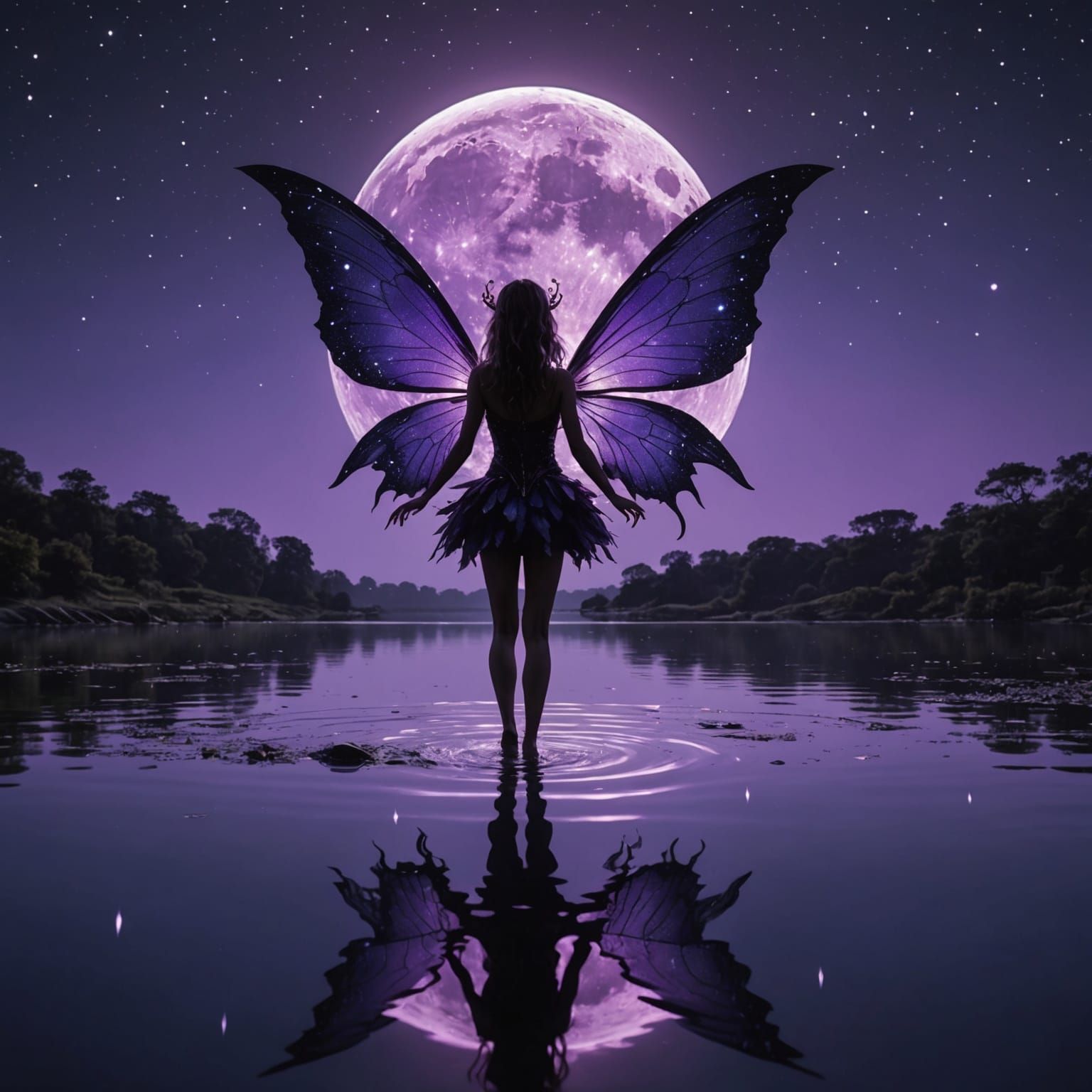 Fairy Silhouette Under Purple Moon in Impressionist Style