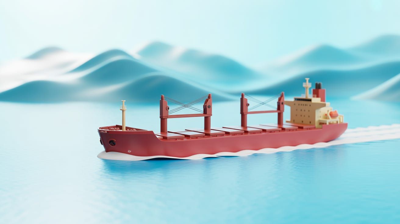 Stylized 3D Red Cargo Ship on Light Blue Ocean