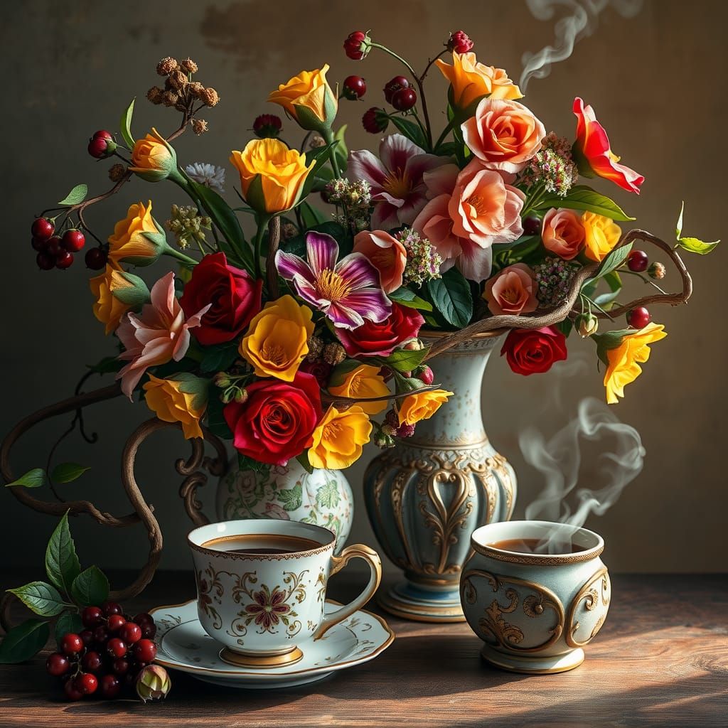 Floral Still Life with Coffee: Art Nouveau Style