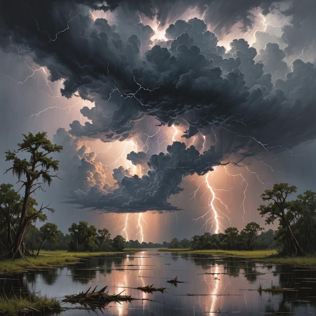 Sinister Thunderstorm Over Bayou Landscape