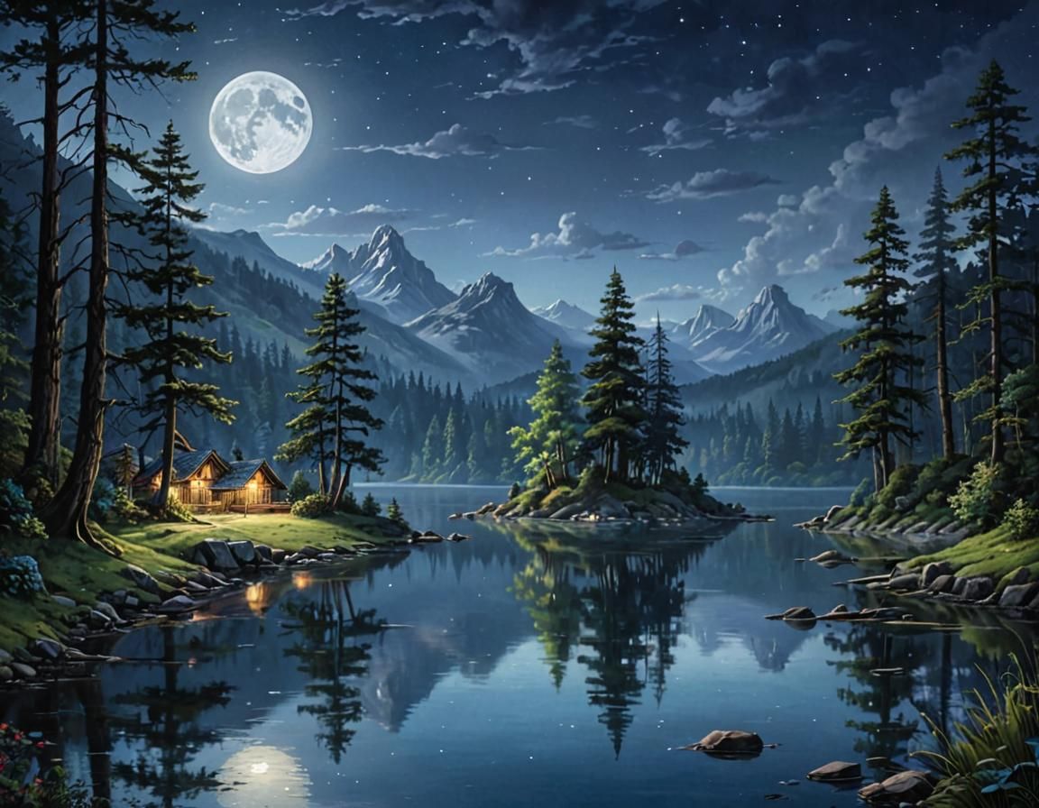 Enchanted Moonlight Landscape: Digital Masterpiece