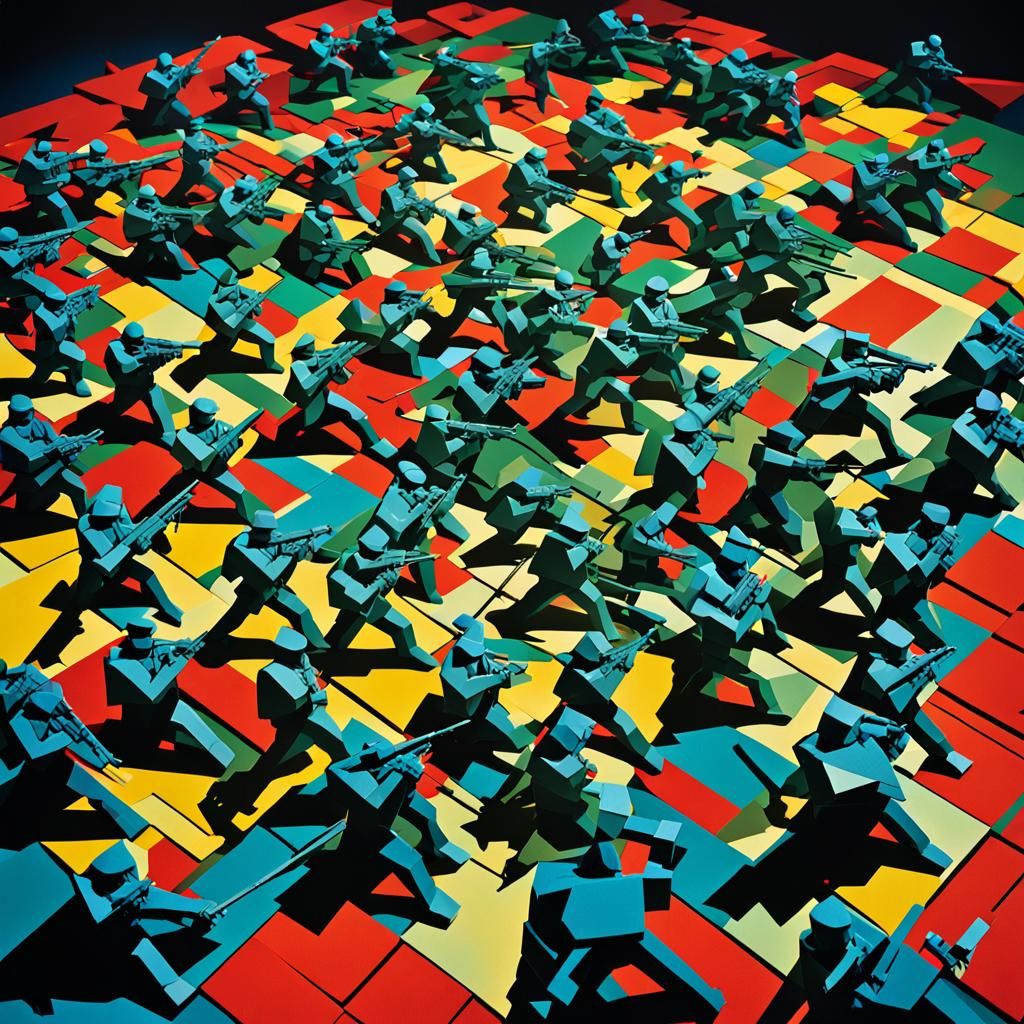 Cubist Toy Soldier Battle in Geometric Landscape