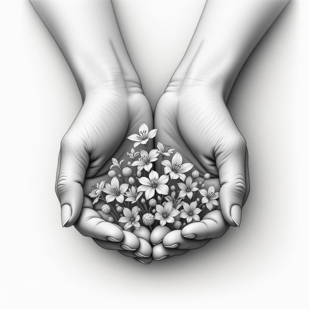 The image captures a stunning black and white illustration of a person's hands softly holding a collection of small, del...