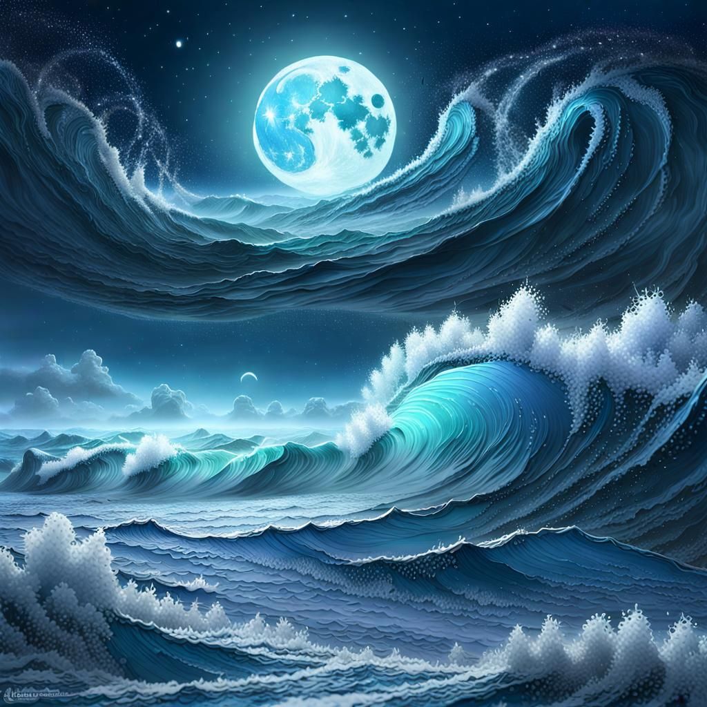 Anime-Style Giant Waves with Cosmic Sky