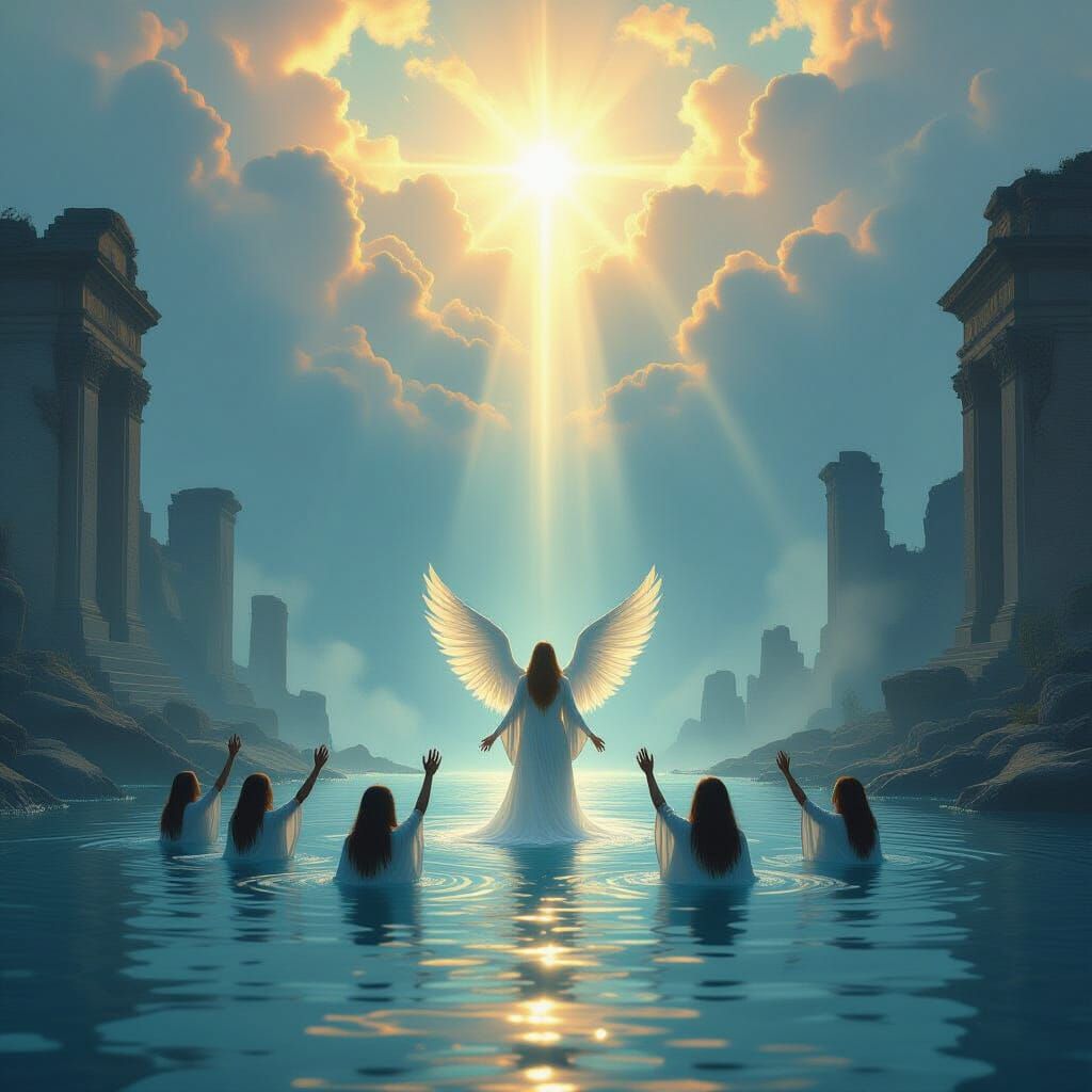 Awakening Souls Ascend to Divine Light in Digital Matte Pain...