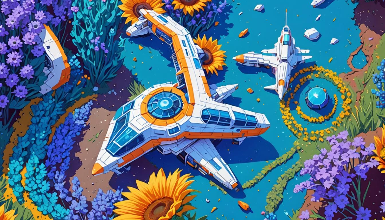 Pixel Art: Exploded Space Cruiser in Meadow