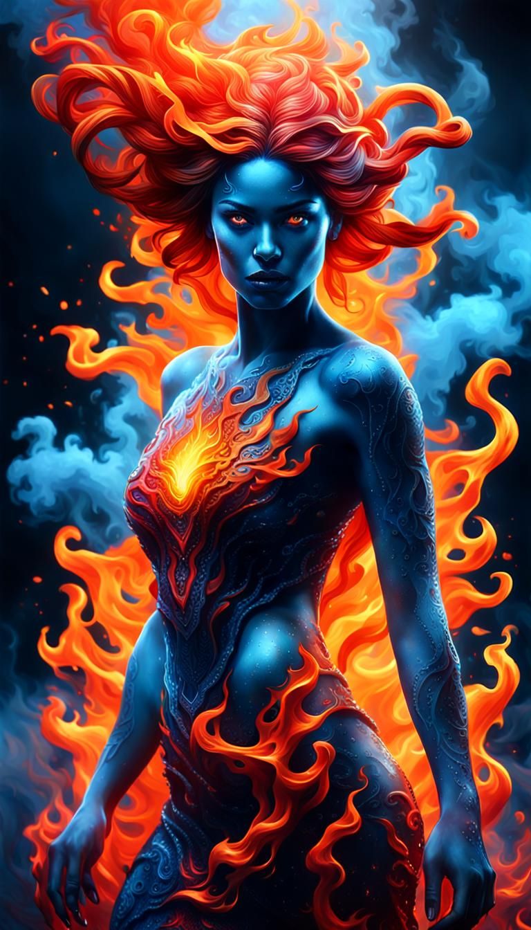 Fiery and Icy Woman: Vivid Digital Art Portrait