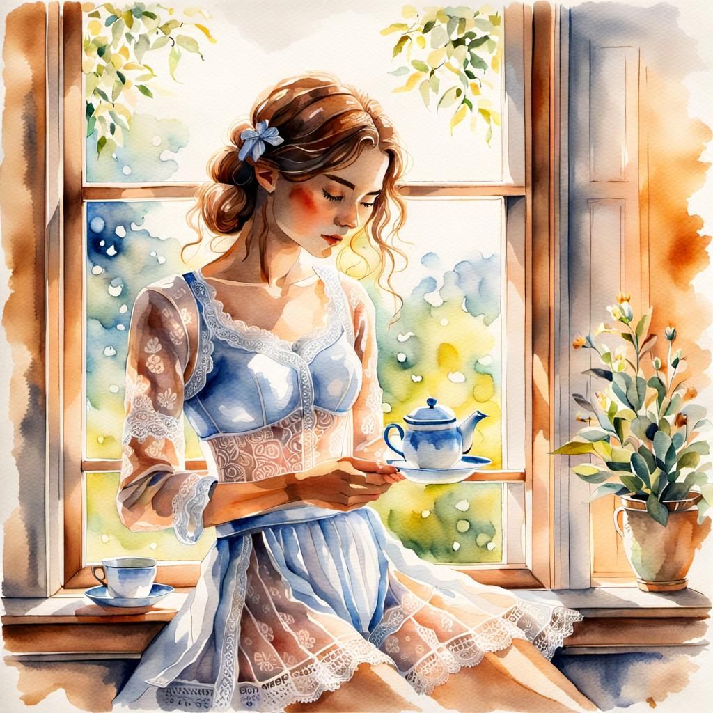 Watercolor Woman in Sunlight Lingerie