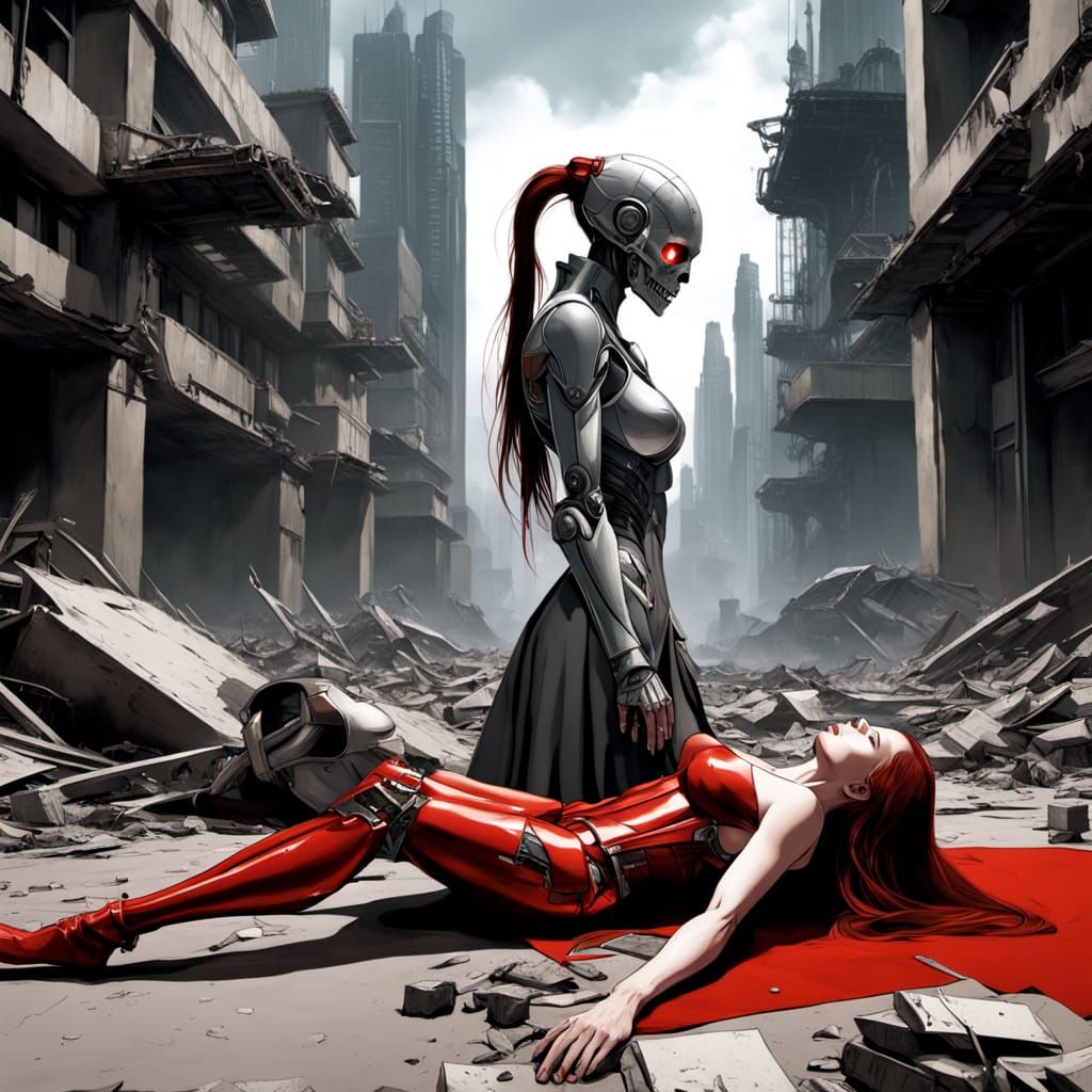 Lifeless Cyborg Scarlet Witch in Post-Apocalyptic City