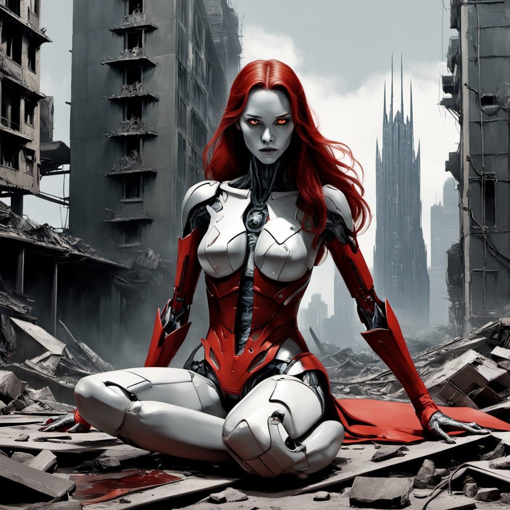Shattered Cyborg Scarlet Witch in Post-Apocalyptic Ruins