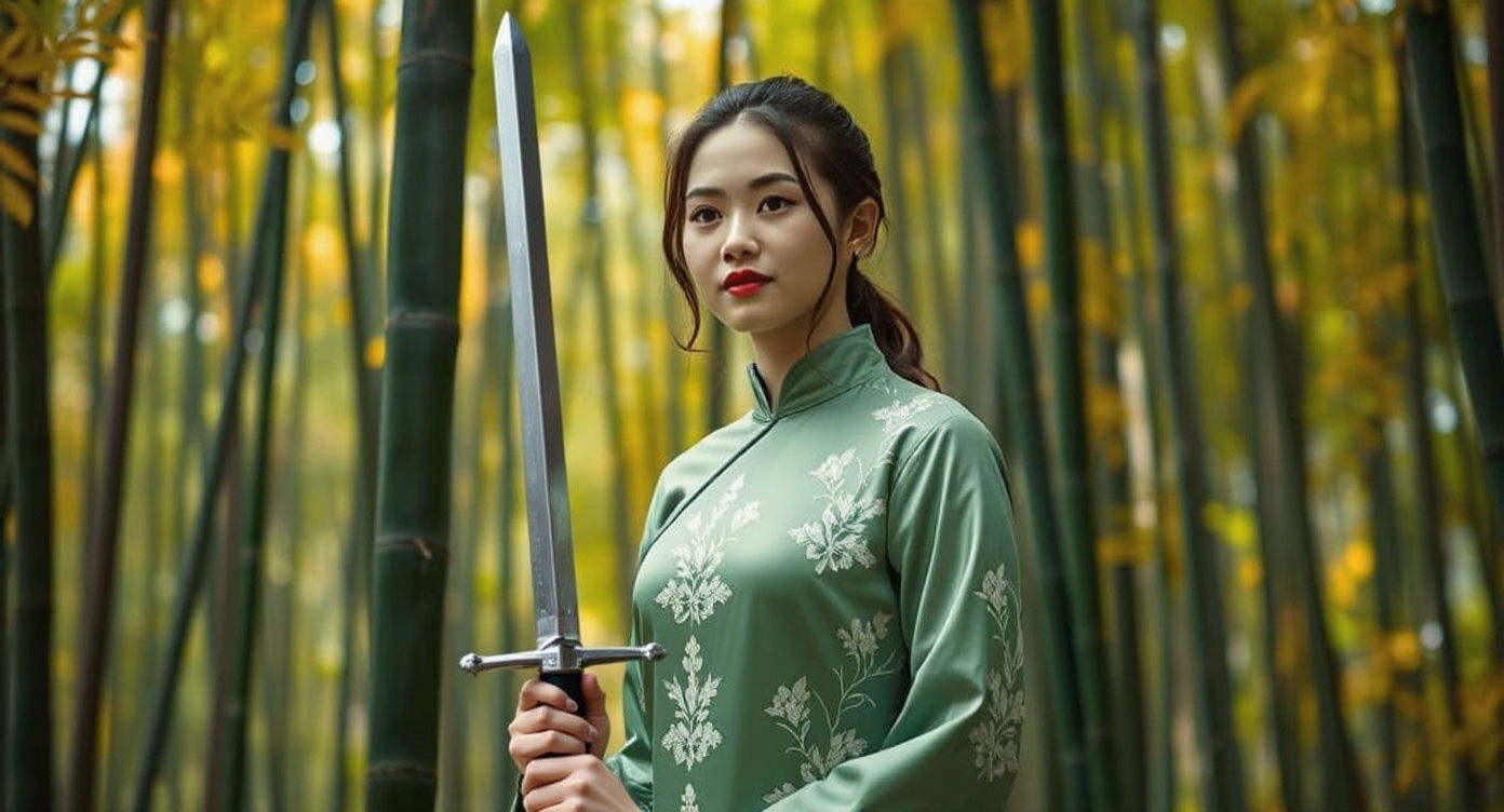 Chinese Girl in Qi Pao in Bamboo Forest, 4K Photo