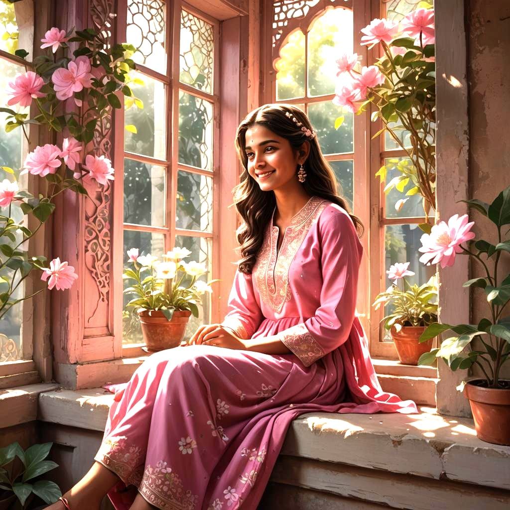 Girl in Window Gazing at Flower: Fantasy Art