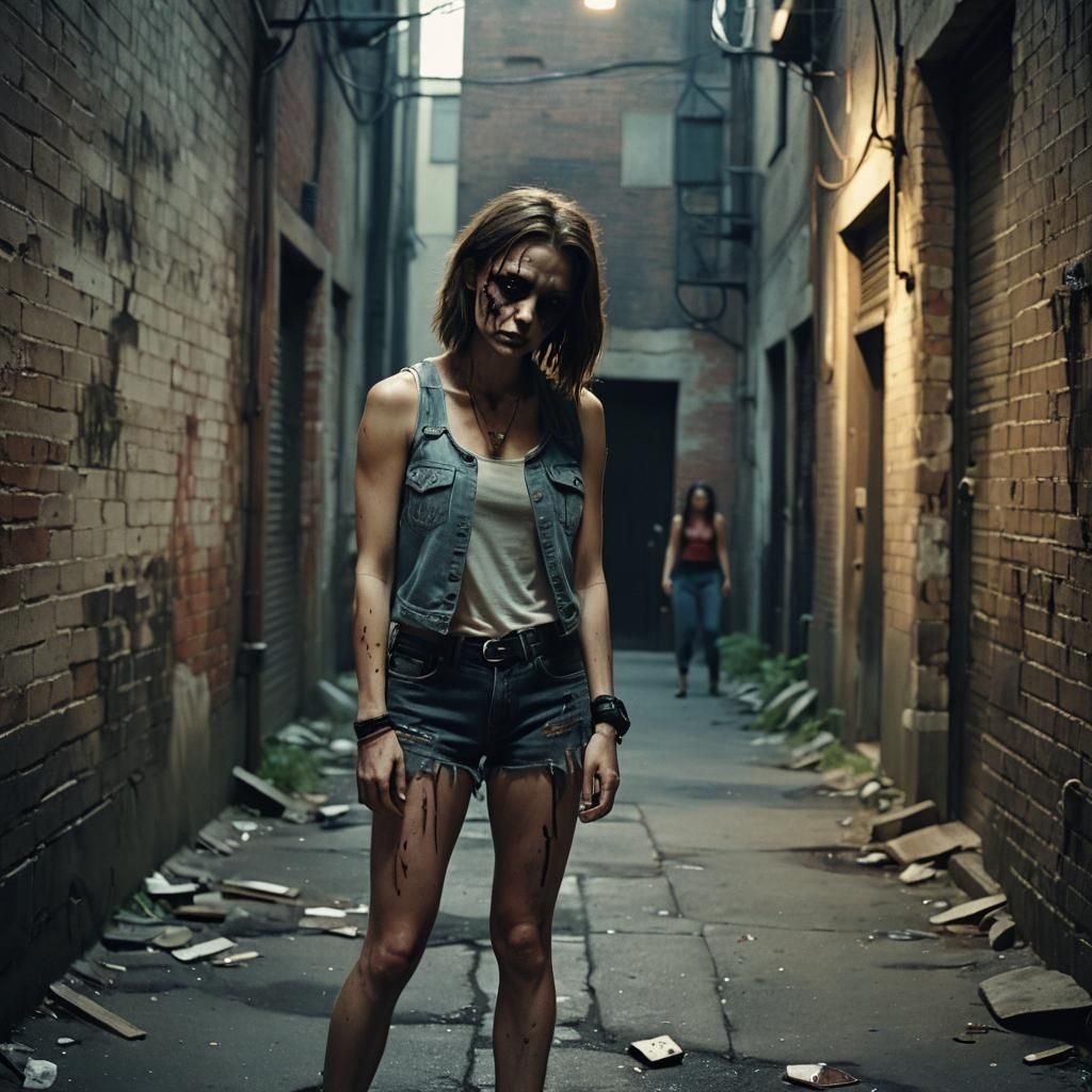Woman's Tense Standoff with Zombie in Dark Alley