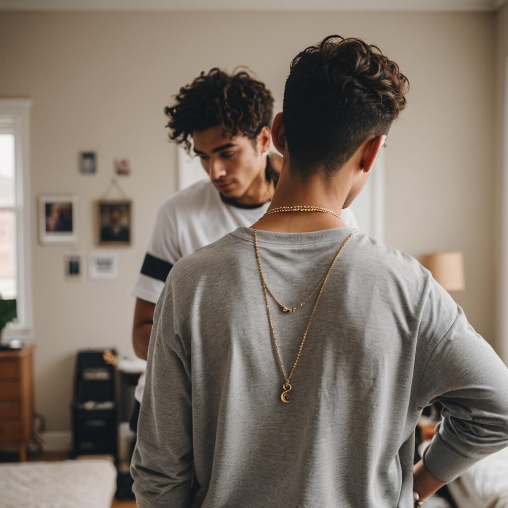Man with Necklace in College Bedroom