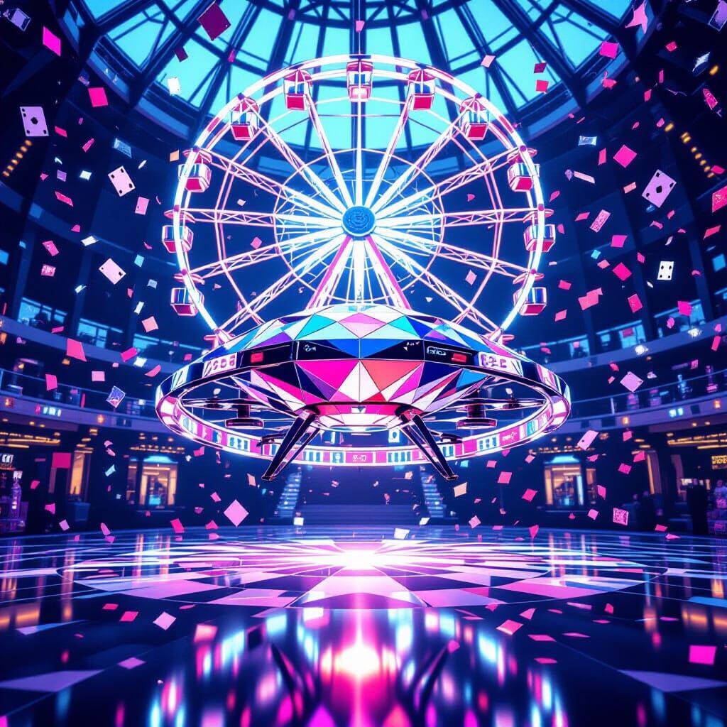 Low-Poly Jester Drone in Zero-G Dome Carnival