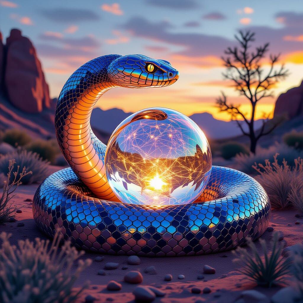 Giant Iridescent Rattlesnake Guarding Orb in Desert