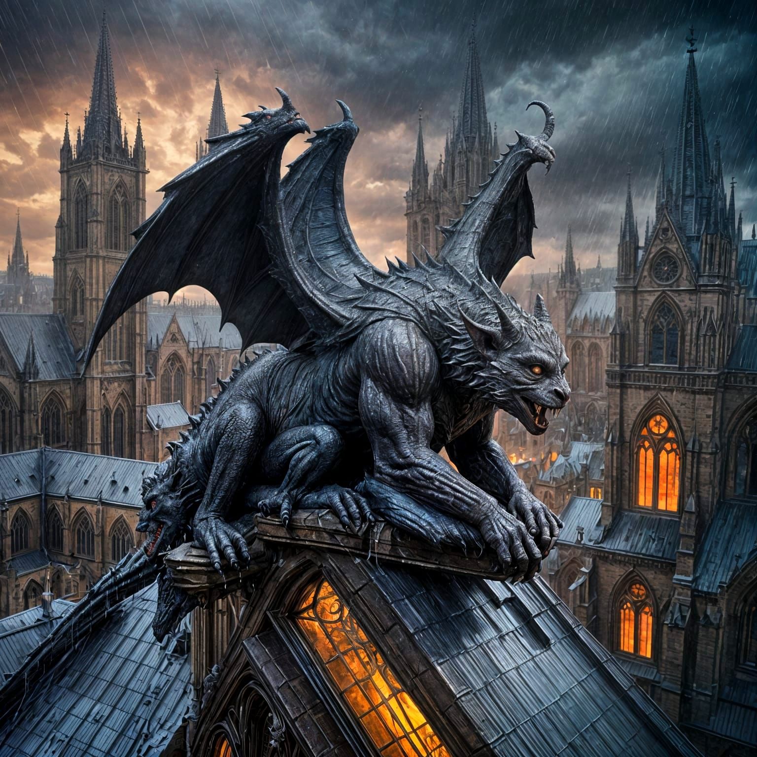 Gargoyle Awakens on Cathedral Roof: Detailed Matte Painting