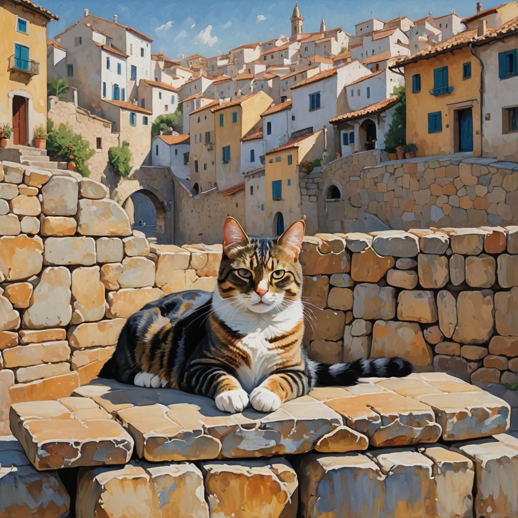 Cat Lounging in Mediterranean Village Painting