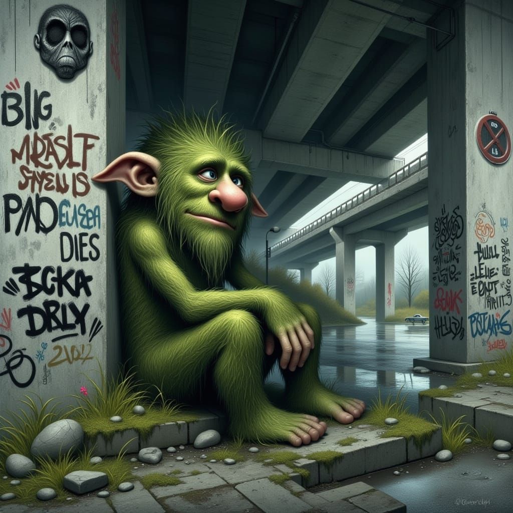 Thoughtful Moss Troll Under Highway Overpass