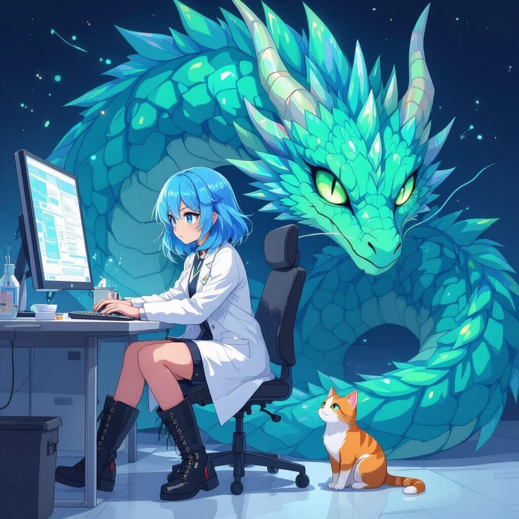 Anime Girl Typing with Dragon and Cat in Sci-Fi Fantasy Styl...