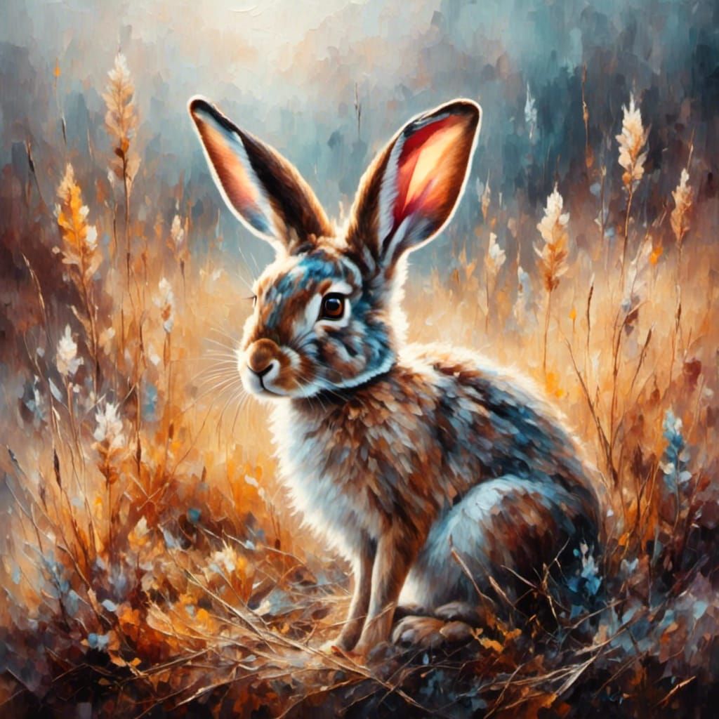 Jack Rabbit in Frosty Prairie: An Oil Painting