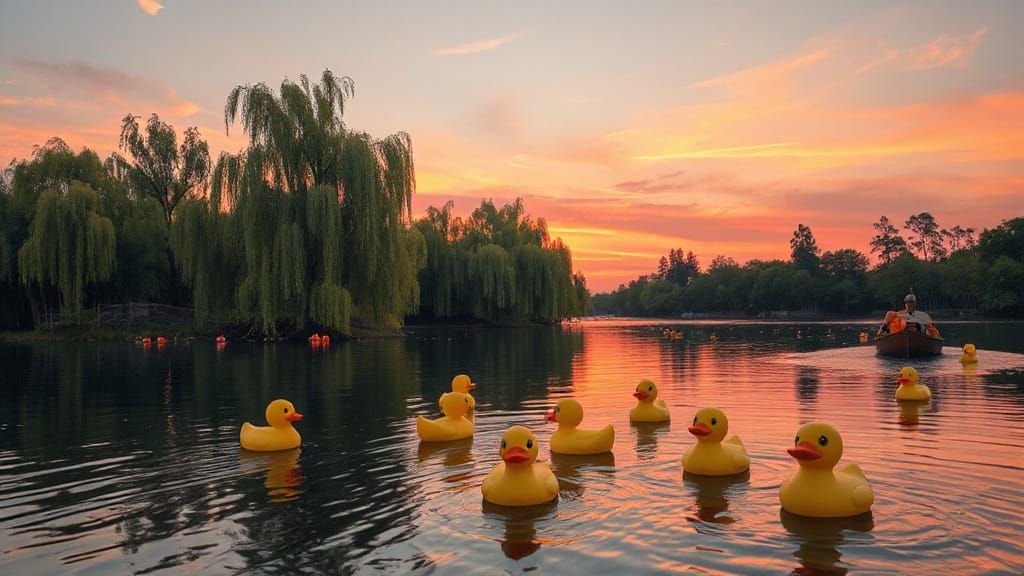 Vibrant Sunset Scene with Quacking Rubber Ducks on a Tranqui...