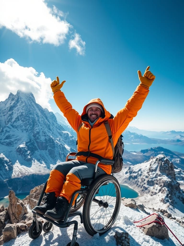 Triumphant Mountain Climber in Wheelchair