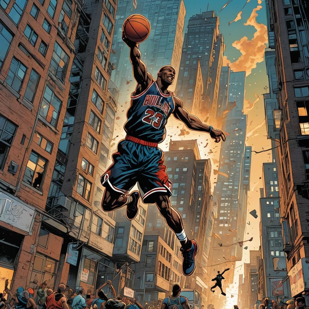 Michael Jordan jumping over a building to slam dunk.