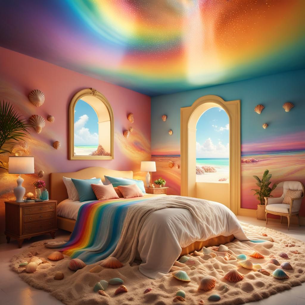 Rainbow Bedroom on the Beach in Surreal Style