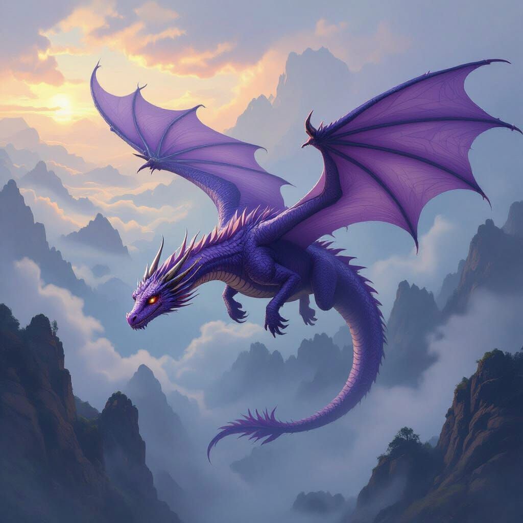 Majestic Purple Dragon Soaring in Misty Skies