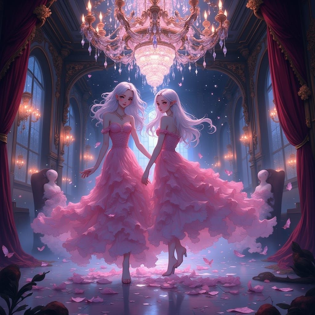 Ghostly Anime Dancers in Crumbling Ballroom