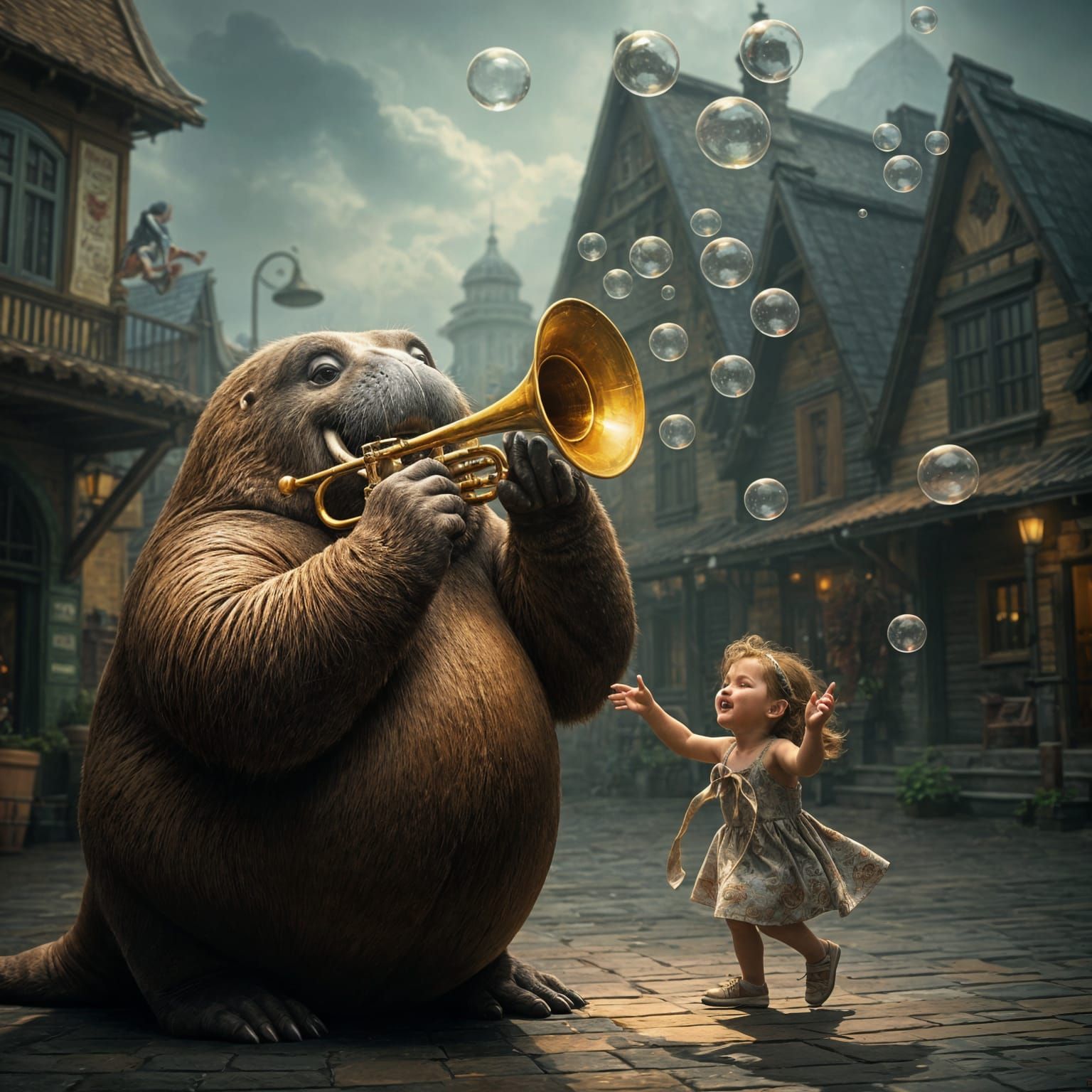 Walrus Trumpet Player in Vibrant Village Square