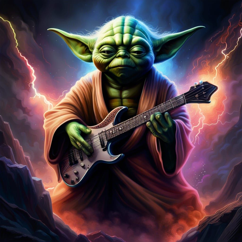 Heavy Metal Yoda Plays Electric Guitar in Space