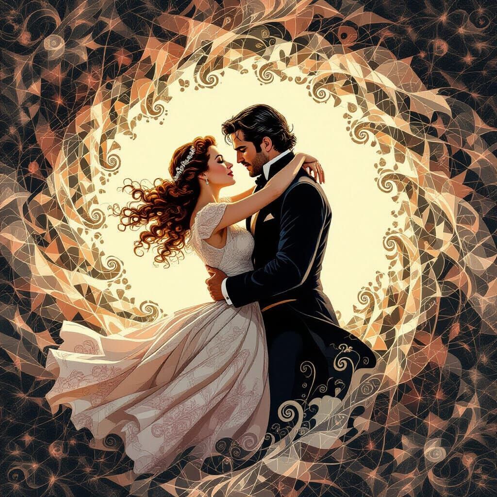 Scarlett and Rhett Embrace in Fractal Whirlwind