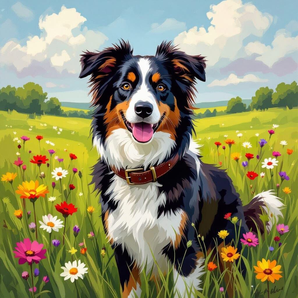 Border Collie in Meadow, Vivid Impressionist Style