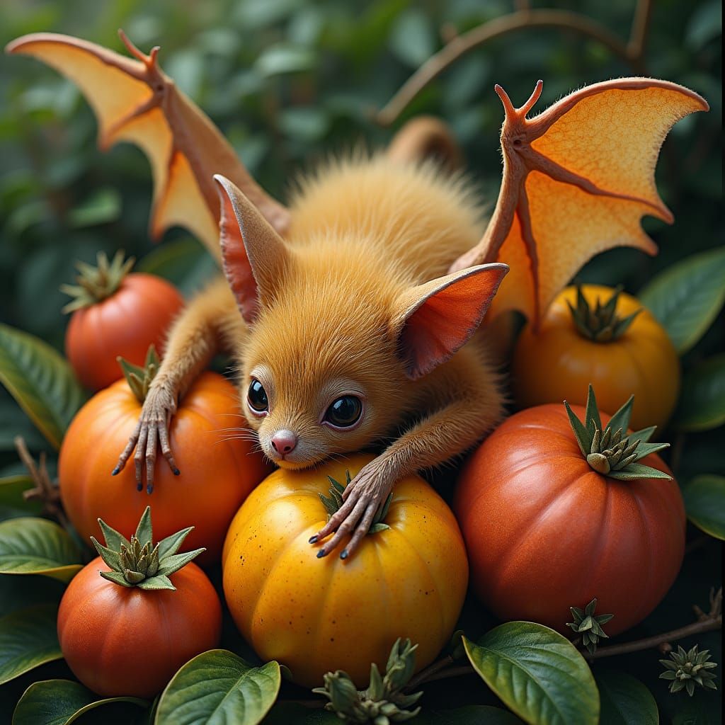 Ginger Fae Bat on Exotic Fruit, Fairy Art