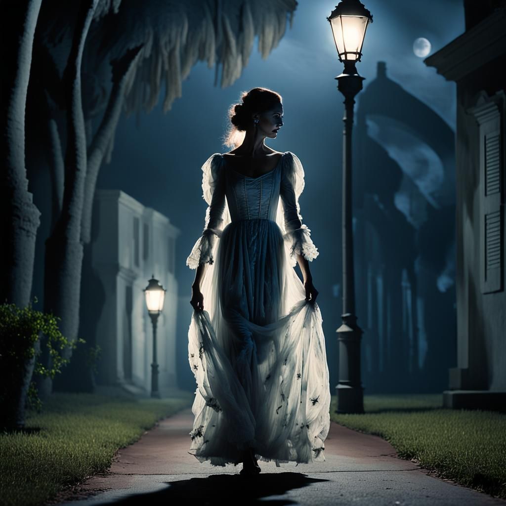 Headless Ghost Woman's Midnight Walk in Surreal Style