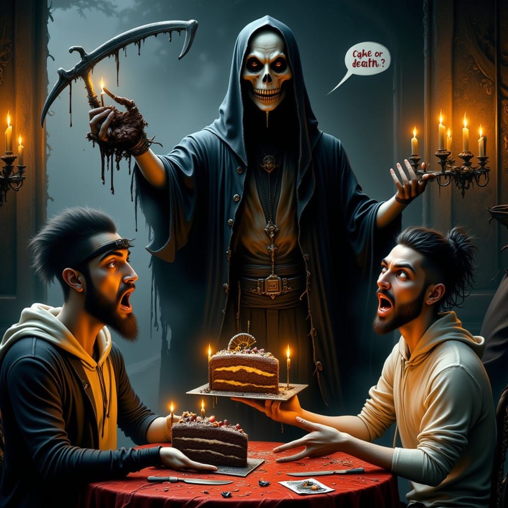 Grim Reaper Offers Cake or Death in Gothic Chamber