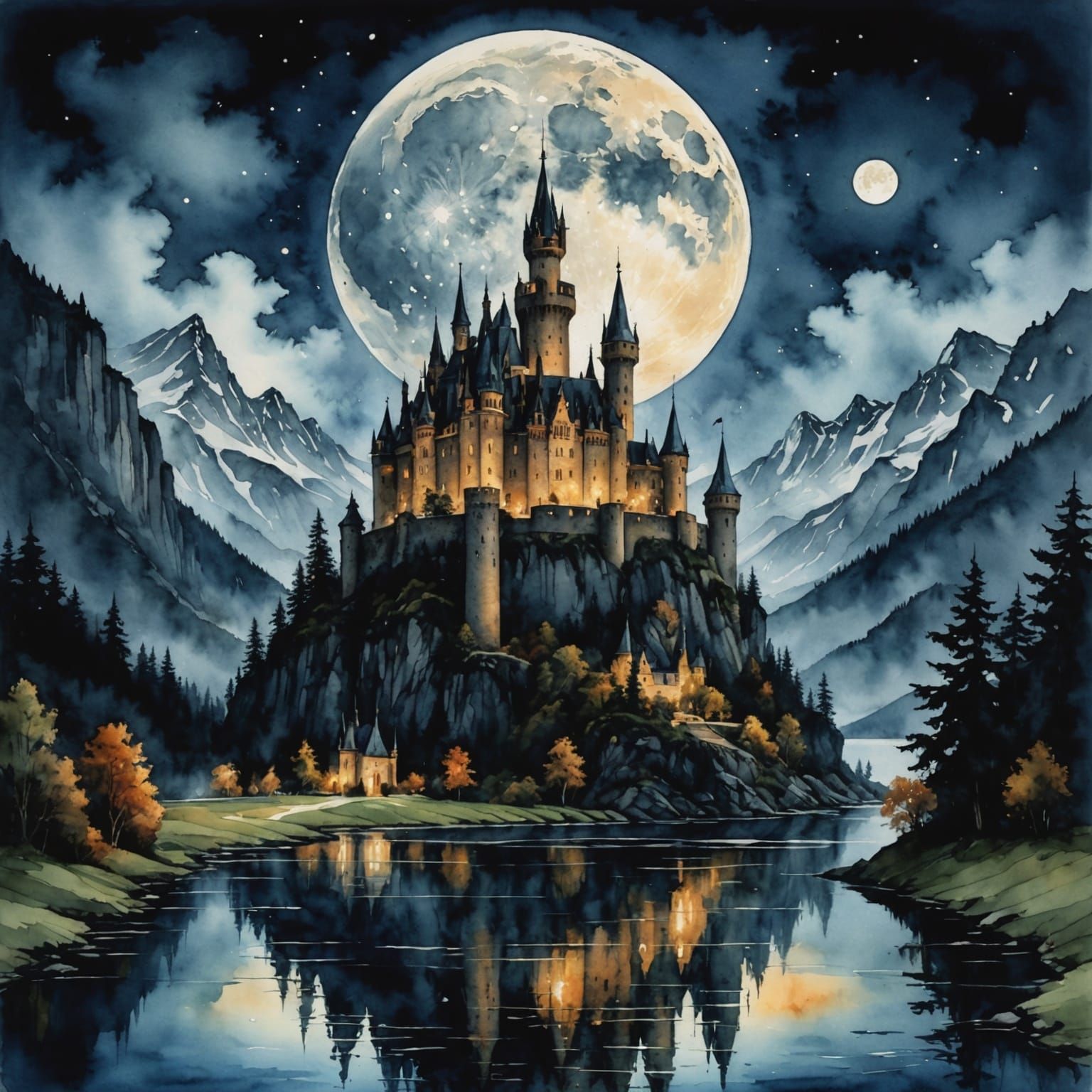 Detailed Castle Under Moonlight in Watercolor and Ink