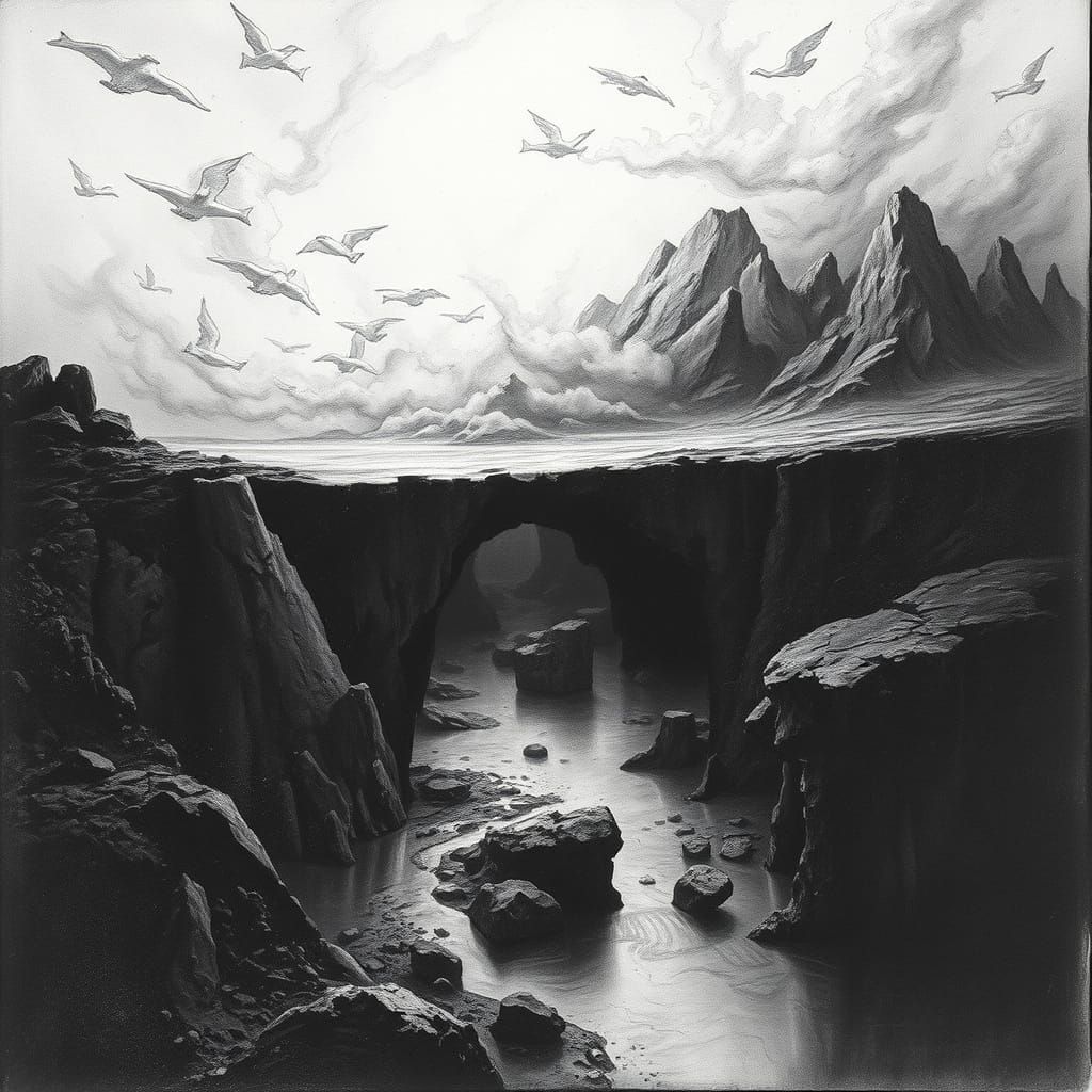 Surreal Liminal Landscape in Charcoal Drawing Style