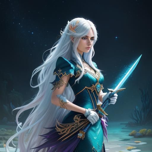 Enchanting Mermaid with Magic Sword in Fantasy Coral Reef