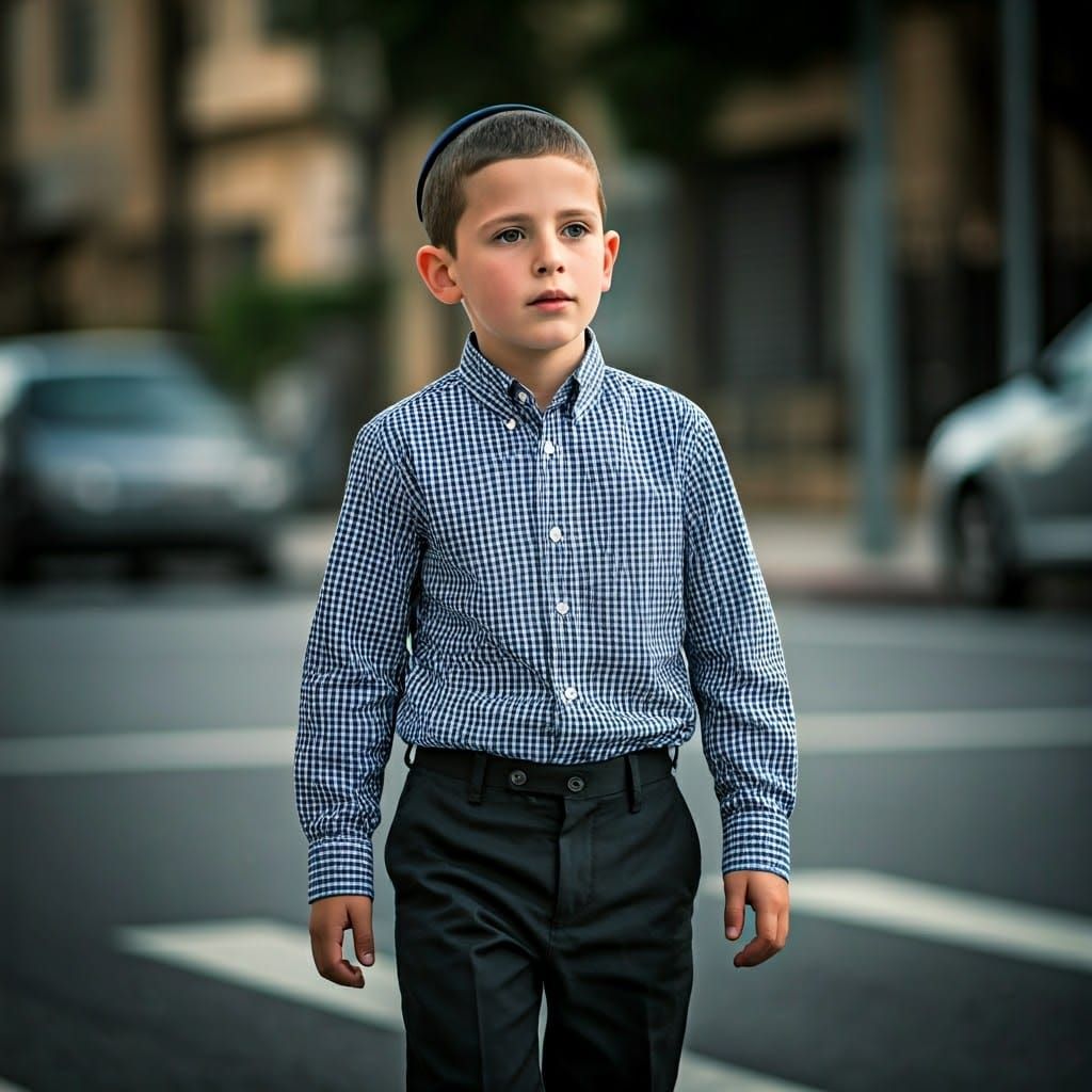 Young Haredi Boy in Traditional Attire Against Urban Backdro...