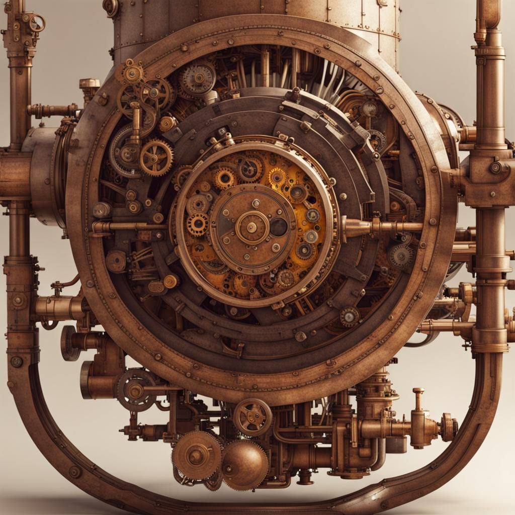 Steampunk Engine in Flat World Digital Art