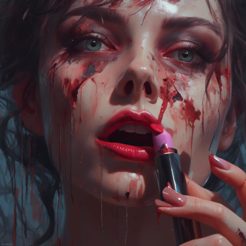 Macabre Portrait of Woman Applying Lipstick