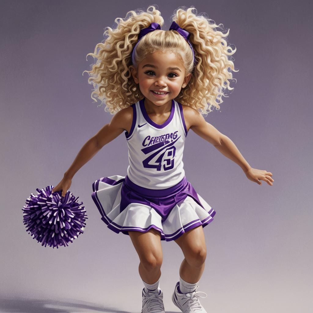 An adorable,  beautiful 4 year old girl, long blonde curly hair, wearing a beautiful purple and white cheerleading out f...