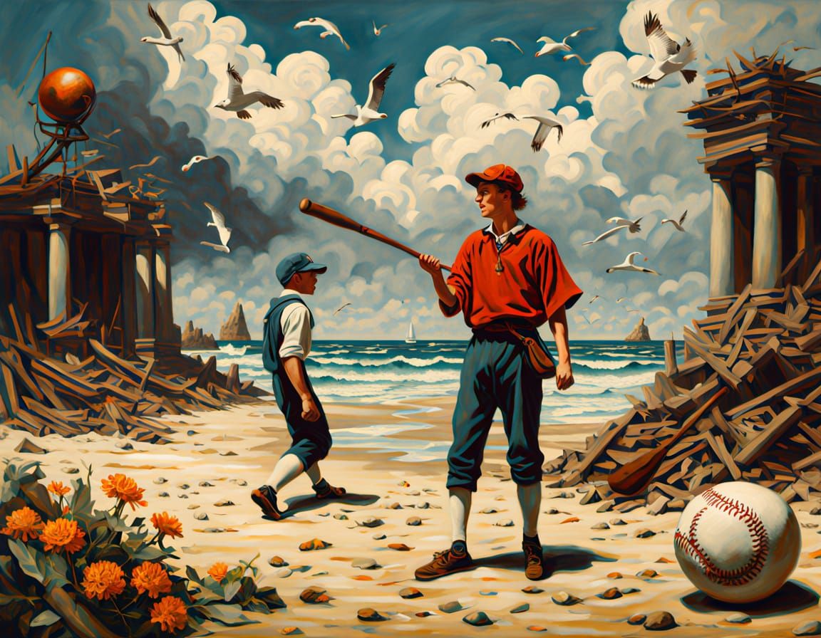 Boys Play Baseball on Beach in Oil Painting Style